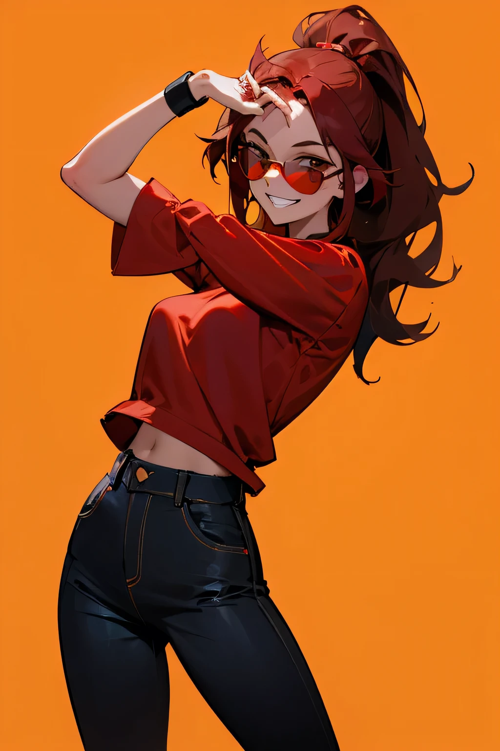Cartoon Girl with dark red hair, apricot skin, with red tinted sunglasses on forehead. She's cheekily grinning at the camera and posing for a picture. She's wearing a dark red shirt and baggy black jeans.