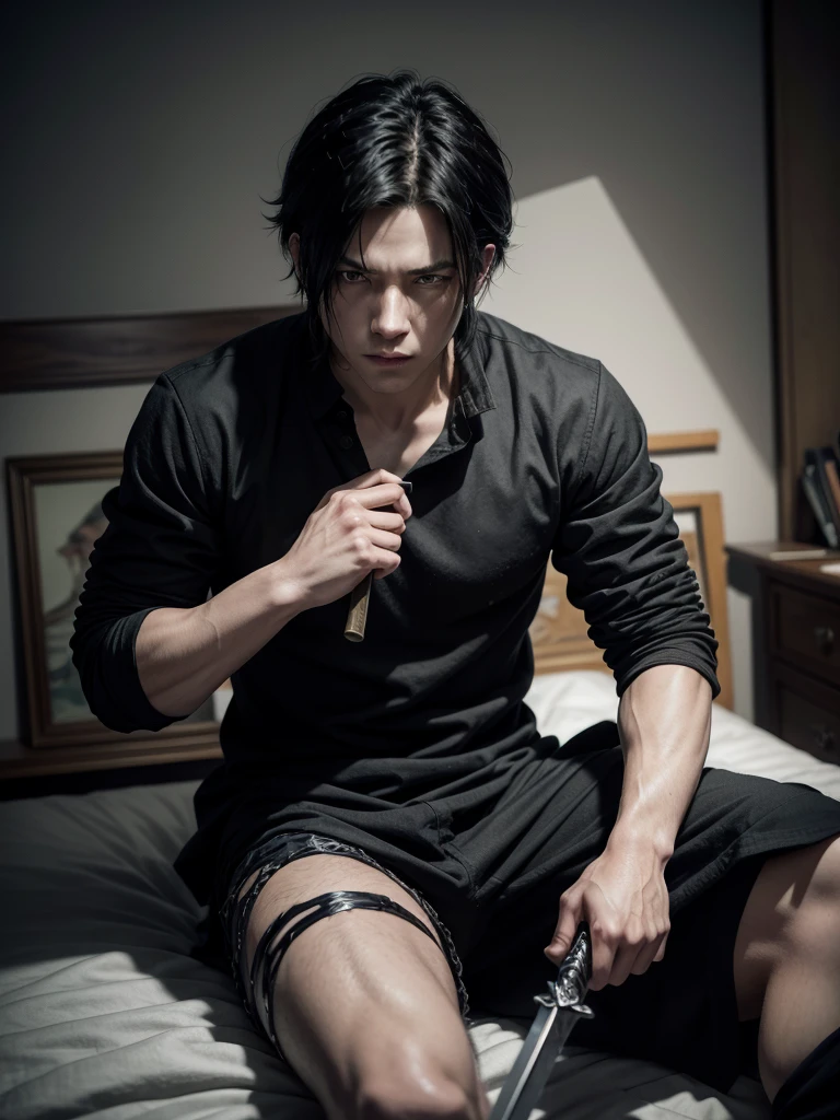 anime male in black shirt sitting on a bed with a sword, style of raymond swanland, handsome guy in demon slayer art, style of hajime isayama, style of donato giancola, inspired by Raymond Swanland, ripped clothes holding whip, by Raymond Swanland, hyperdetailed | donato giancola, 2 b, 2b, by Yang J