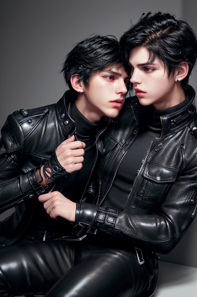 Final fantasy taste and reality graphics, ((two Japanese young cute and cool ikemen  boys)), both age is early 20s, thin eyebrows and beady eyes, ((They both wear the same clothes)), ((boys wearing off white color leather  thick and heavy material jacket)), ((jacket is singlebrest)), , ,((with epaulet)), ((jacket is long sleeve)), ((zipped up front of the leather jacket)), , ((voluminous leather jacket)), ,((must jacket is high length and stand-up collar)) ((jacket collar with two belts)), ((jacket is a little black color line pattern)), ((both also wearing black thick material turtleneck lackluster shirts)),  ((both wearing tight black color long leather pants)),  ((two boys put black leather tight and thin glove on both hands)),((leather gloves is covered all full fingers)), ((both wearing black leather knee-high raceup boots)),((must views  head-to-toe)),((must views whole body)), ,((Do not show skin from the neck down)),leather jacket leather glove and leather pants have few wrinkles, Avoid showing your innerwear,zip up jacket fastner.must put on a leather glove.
Boy is black hair.boys looks like fashion model.
((Gay boys relationship))
((Two boys hold putting on leather gloves hands,trying to kiss))