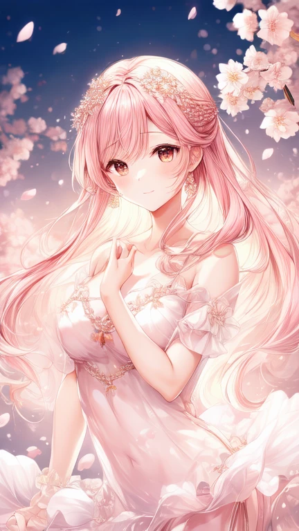 Fairy's Appearance
Outfit: A dress made of cherry blossom petals. The design is fluffy and airy, with pink and white as the base colors, adorned with petals and leaves.
Hairstyle: Long wavy hair with a crown of cherry blossoms. The hair color is a soft cherry blossom pink.
Facial Features: Elegant and delicate features, large eyes, and light pink blush.
Accessories: Earrings and a necklace made of cherry blossom petals.
Location and Scenery
Location: Under a cherry tree.
Time of Day: Golden hour in the evening, with soft sunset light.
Scenery: Cherry blossom petals are drifting through the air. The ground is covered with petals, and the background features a soft sunset glow.
Pose and Expression
The fairy is gently smiling under the cherry tree. She is holding cherry blossom petals in her hands.