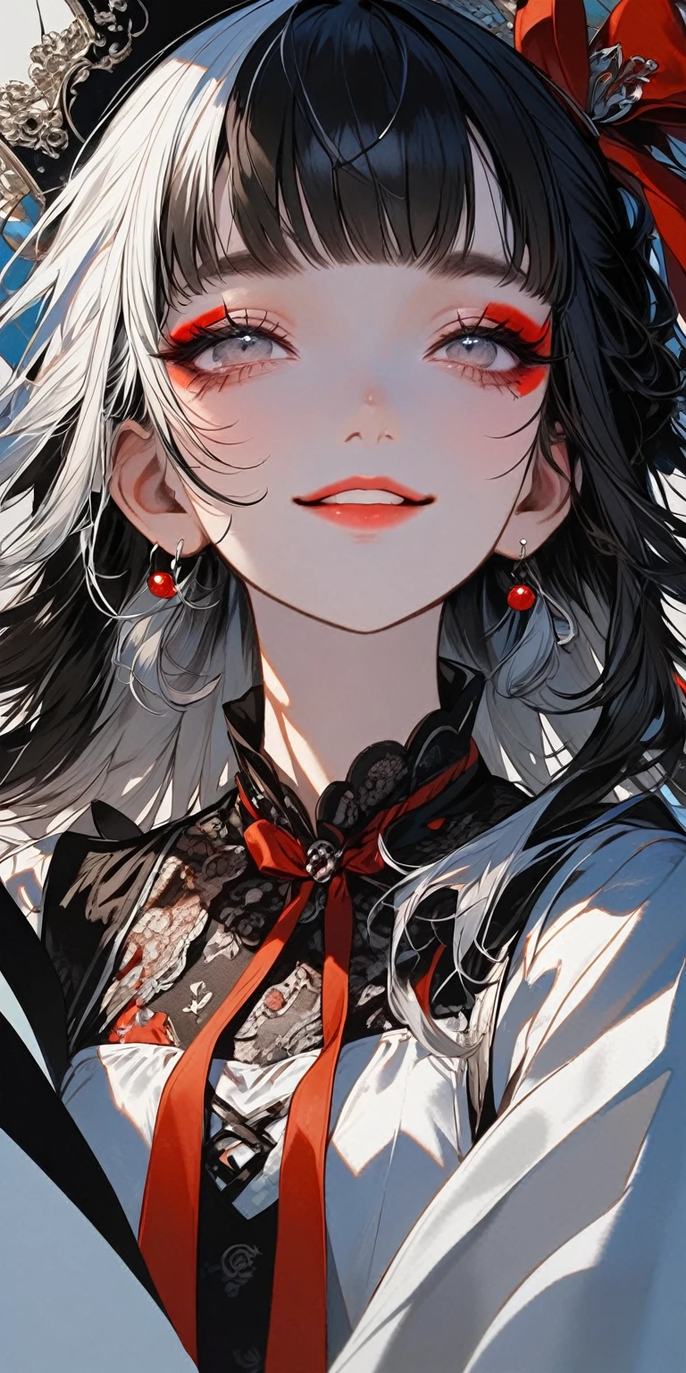 1girl, solo, smile, long hair, looking up, bangs, black hair, jewelry, upper body, closed up to mouth, white hair, multicolored hair, earrings, black laced blouse, red bow tie, blunt bangs, (two-tone hair), grey eyes, sash, makeup, half closed eyes, eyeshadow, (split-color hair), portfolio, portrait, album cover