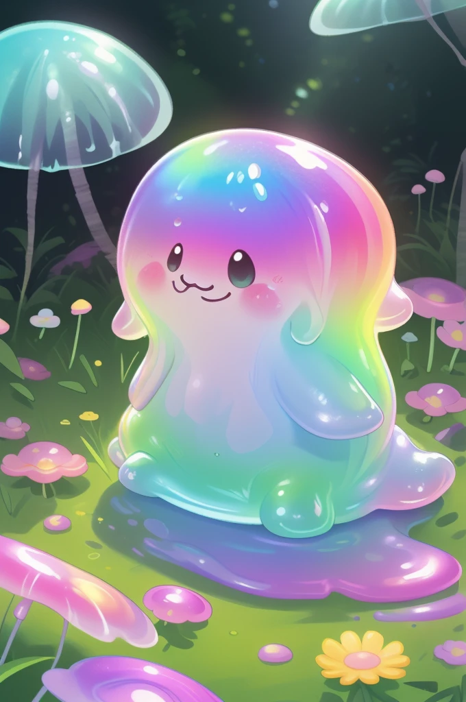 Cute cartoon style claymation of an adorable pastel rainbow colored jelly slime character waving, sitting on grass as the sun sets, surrounded by trees and flowers, vibrant colors, smooth textures