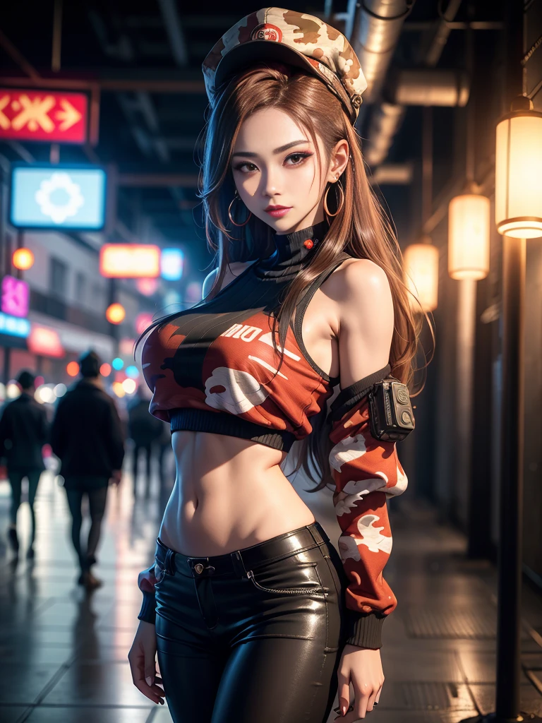 sfw, 1girl, close up, beautiful, smirk, wearing a hat, earrings, red camo sweatshirt, red_legwear, long hair, brown hair, mascara, nose lips, standing, midriff, naval, earrings, (realistic:1.5), cyberpunk, neon city, neon lights, 3d, cgi, volumetric lightning, wearing bra,((skinny waist)), young asian girl, ((big breasted)),