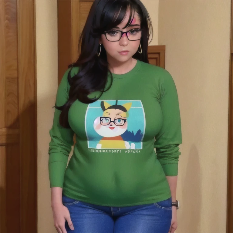 (masterpiece, perfect quality:1.2), beautiful detailed. cute face, short, , slightly chubby, medium black hair, black hair over one eye, glasses, long sleeve T-shirt, black jeans, pear shape wide hips, thick thighs, solo,
