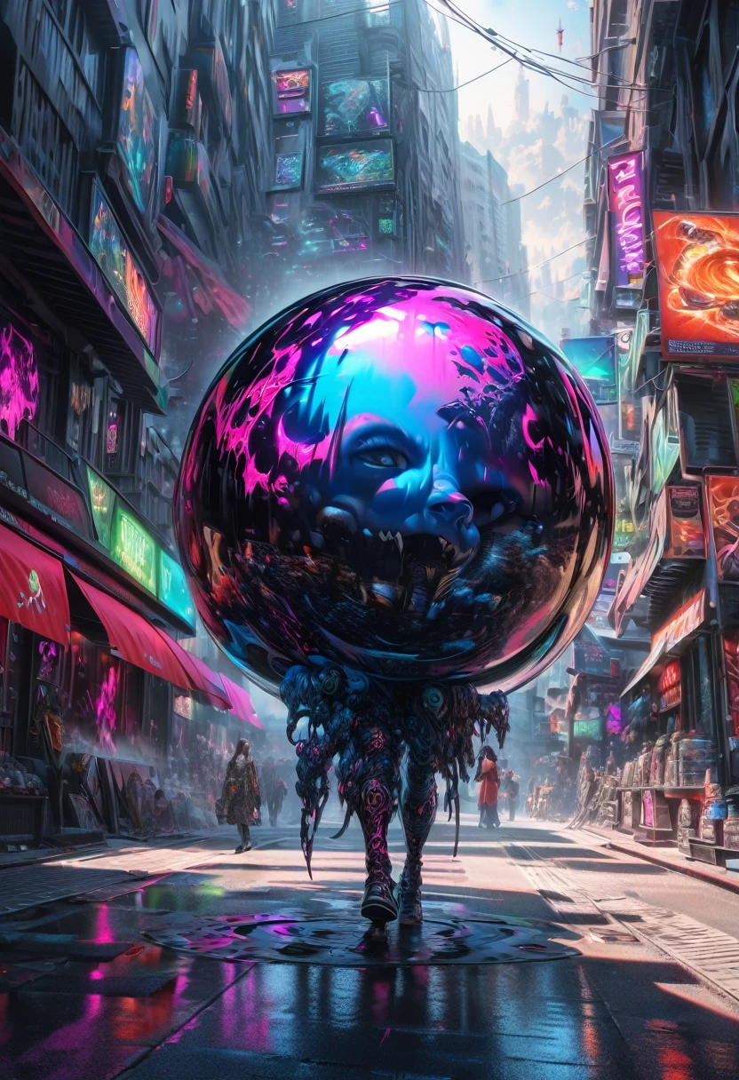 conceptual installation art, bad round shaped slime made of metal plated, bad face, evil smile, covered in fluorescent tattoos, strolls around town, (ultra detailed, absolutely resolution, best quality:1.3), 2.5D, delicate and dynamic, hyper realistic, artistic photography, graphic CG digital art, shading effects, gradation magic effects, foggy filter effect, black-light effects, dark fantasy, cartoon-style
