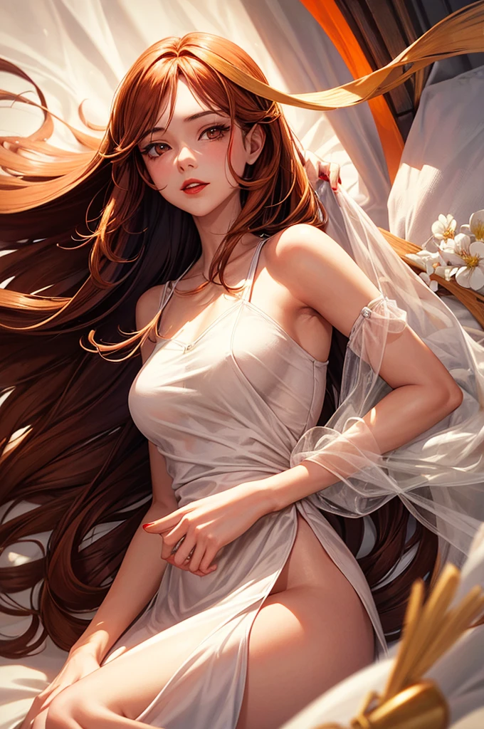 a 25-year-old young woman, with slanted eyes and a thin face, with Orange long hair, fair skin and brown eyes, wearing red lipstick and a white flowery dress.