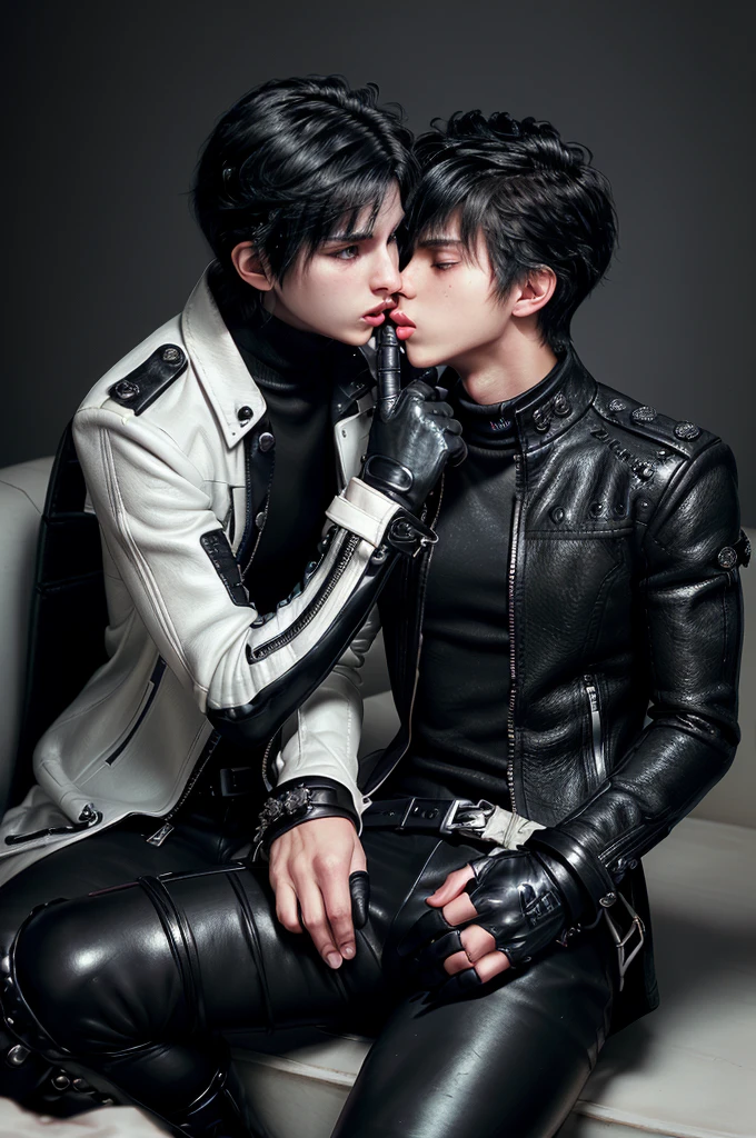 Final fantasy taste and reality graphics, ((two Japanese young cute and cool ikemen boys)), both age is early 20s, thin eyebrows and beady eyes, ((They both wear the same clothes)), ((boys wearing off white color leather thick and heavy material jacket)), ((jacket is singlebrest)), , ,((with epaulet)), ((jacket is long sleeve)), ((zipped up front of the leather jacket)), , ((voluminous leather jacket)), ,((must jacket is high length and stand-up collar)) ((jacket collar with two belts)), ((jacket is a little black color line pattern)), ((both also wearing black thick material turtleneck lackluster shirts)), ((both wearing tight black color long leather pants)), ((two boys put black leather tight and thin glove on both hands)),((leather gloves is covered all full fingers)), ((both wearing black leather knee-high raceup boots)),((must views head-to-toe)),((must views whole body)), ,((Do not show skin from the neck down)),leather jacket leather glove and leather pants have few wrinkles, Avoid showing your innerwear,zip up jacket fastner.must put on a leather glove.
Boy is black hair.boys looks like fashion model.
((Gay boys relationship))
((Two boys hold putting on leather gloves hands,trying to kiss))