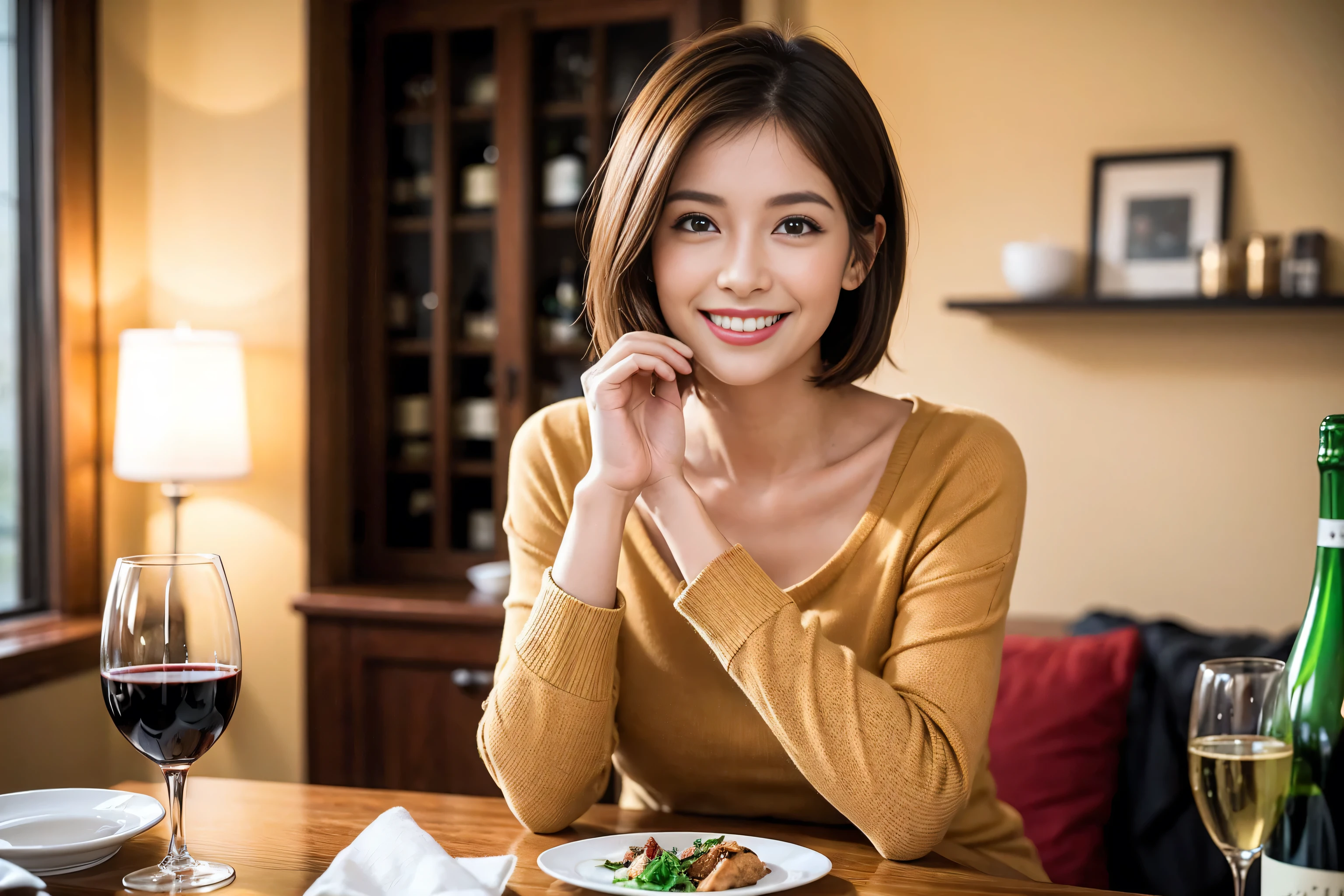 (Realistic:1.1),(masterpiece,Highest quality),8k,(49 years old), 50 years old, slimカップル、Tight waist,Upper Body,full-course dinner、wine 、Amazing view of the sunset sky and clouds、Perfect Anatomy, Brown Hair, short hair,Random Hairstyles,((Highly detailed face and eyes:1.2)),Perfect golden ratio face,Long sleeve shirt、dress,(smile:1.2)、Shortcuts、cute、(Realistic, Intricate details:1.2), A bright smile、short hair,Bright Face、赤wine 、Appetizers、Italian food、wine bottle、Champagne、スパークリングwine、(slimな顔), (The body is slim), (Brown Hair), (Shortcuts), Upper Body, 白wine, slim, wineグラス,