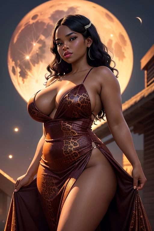1womanl, brunette skin, a little overweight, breasts small, dazzling, with a dress that covers the body, leopard print, thin straps and reaches mid-thigh height!! look that conveys strength, full lips and slight smile, full moon background that fills the center of the image, the woman stands in front of the moon being illuminated by the moon, beautiful shine, beautiful contrast, light glow in direction from top to bottom in 45 degrees from left to right and another light glow from bottom to top in yellow color in 45 degrees. 