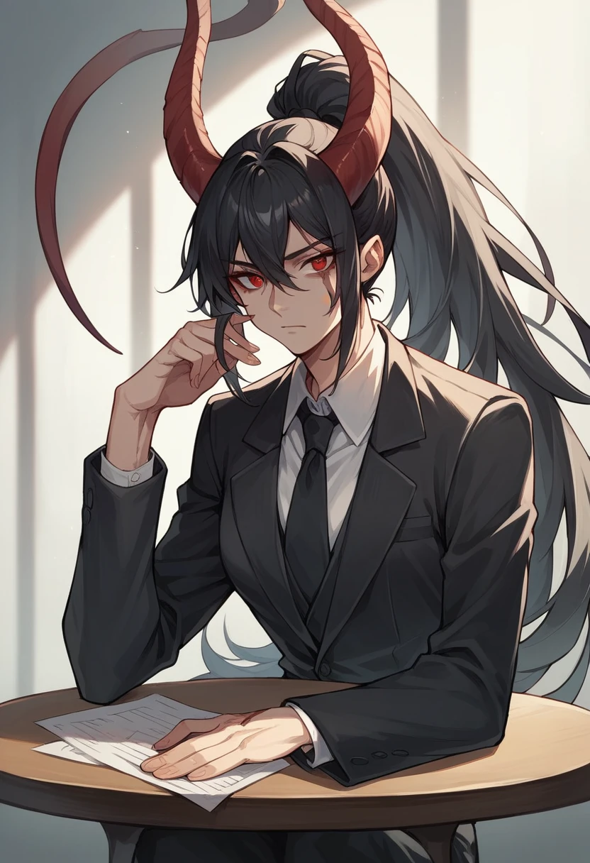 Black woman, long black hair, ponytail, red eyes,black suit, long horns, scar on the left eye, hands on the table