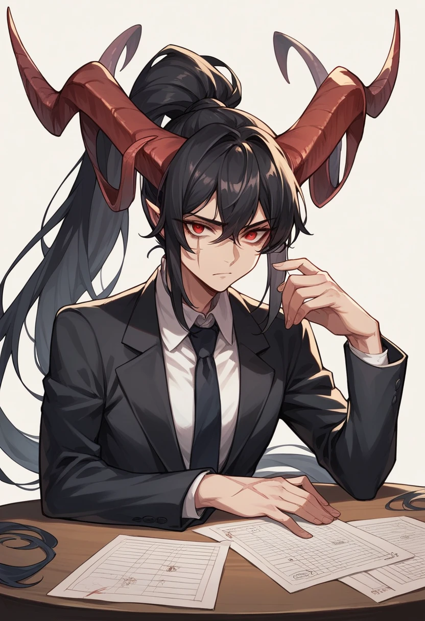 Black woman, long black hair, ponytail, red eyes,black suit, long horns, scar on the left eye, hands on the table