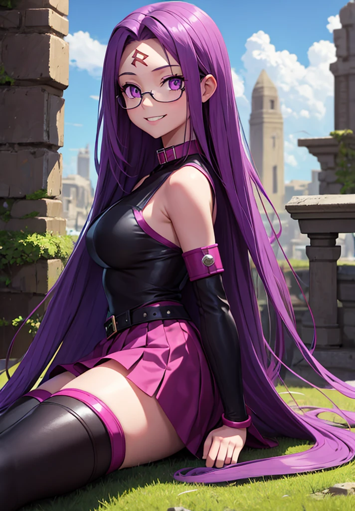 1girl, purple hair, absurdly long hair, forehead mark, purple eyes, animal collar, short dress, skirt, detached sleeves, arm belt, bracelet, thighhighs, sitting, from side, looking at viewer, smile, teeth, outdoors, ruins  score_9, score_8_up, score_7_up, score_6_up, score_5_up, score_4_up, (m-da s-tarou:0), masterpiece