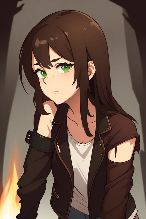 -High quality- -masterpiece- -Anime style- A beautiful woman, disheveled dark brown hair, green eyes, visible freckles on her cheeks and nose, a scar on her face, wearing a torn leather jacket, a dirty white t-shirt , torn pants, blood on the face, walking through a dark forest, at night, illuminated by a torch
