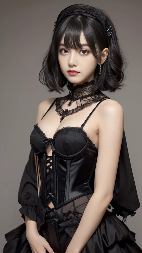 Female figure, She wears a complex visual kei gothic ta outfit.,Gothic Makeup, A perfect blend of elegance and rebellion. His outfit features a luxurious lace combination., corset, Elaborate accessories, A Victorian top hat adorns his head., Ornately decorated. dark, His flowing hair cascades down his shoulders, Add an air of mystery. Dark eyeliner makes your eyes stand out, Complete the avant-garde look. This woman is the embodiment of visual kei gothic loliIt exudes an aura of theatrical decadence., Challenging traditional fashion norms with a captivating androgynous look.,Beautiful girls,Goth,(Highest quality, Very detailed, masterpiece:1.2), 1 women, Very thin body, length, Thin legs, ((Black layered cut short wavy hair:1.2)), ((Thick and fluffy bangs)), Very detailedな顔,A faint smile, small, Thin Nose, small thin mouth, Extremely sharply focused eyes, Japanese, Beautiful Face, Realistic eyes, Beautiful and beautiful eyes, Realistic Skin, Beautiful Skin, charm, (A vivid face),