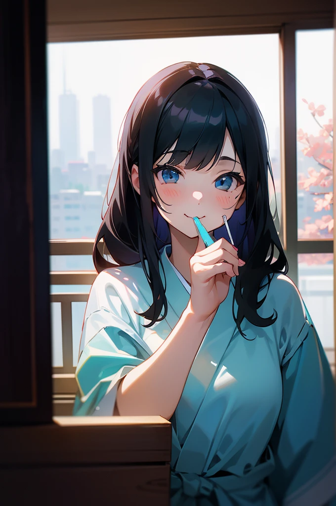 1 girl, eating, eating cake, has bit of cake on her face, background inside a house sitting behind a window that shows tokyo, she is facing towards you, looking towards you, with a big smile,