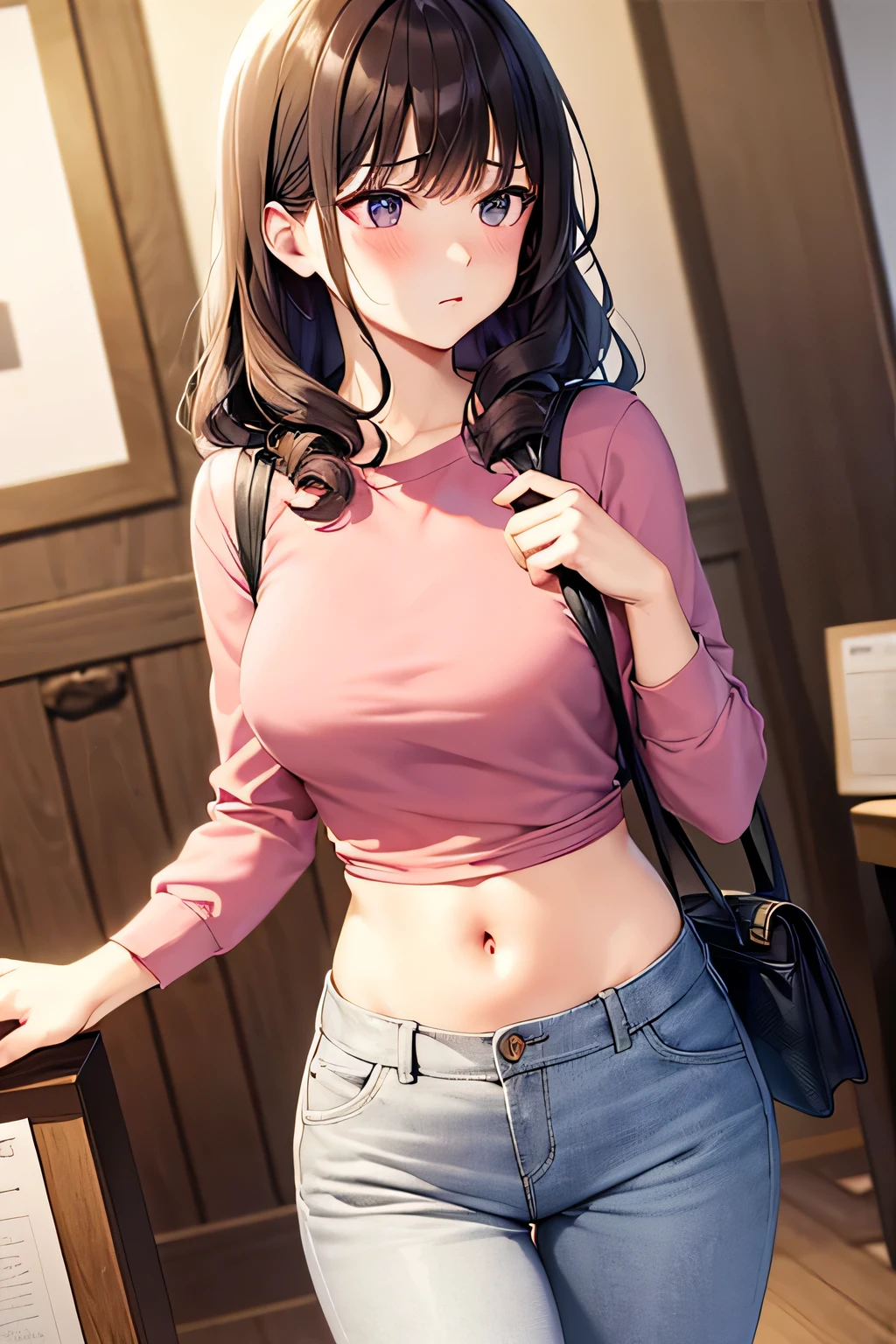 super fine illustration, vibrant colors, masterpiece, sharp focus, best quality, depth of field, cinematic lighting, ultra detailed, cropped shirt, pink shirt, long sleeves, slim pants, navel, belly button, tummy, 1 woman, solo, milf, very messy hair, slender, blush, annoyed, mature female, tall woman, looking down, v-shaped eyebrows, medium breasts, dark hair, stomach, carrying purse, long curly hair, restaurant