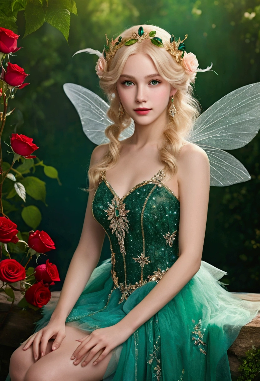 professional full body photo, (4k Photo:1.1),highest quality、High resolution、Super detailed、masterpiece、(Live shooting:1.5)、real:1.5、photorealistic:1.5、very delicate and beautiful、fine details、(european:1.4)、(spread your legs:1.1)、Portrait of an elegant and beautiful fairy、She is in harmony with nature、Possesses a fairy-like beauty、Clear and glowing skin、emerald green eyes、(delicate and soft blonde hair)、Light, feather-like hair ornaments and accessories、Elegant and flowing fairy-like clothing、A background that blends into nature, small red roses,