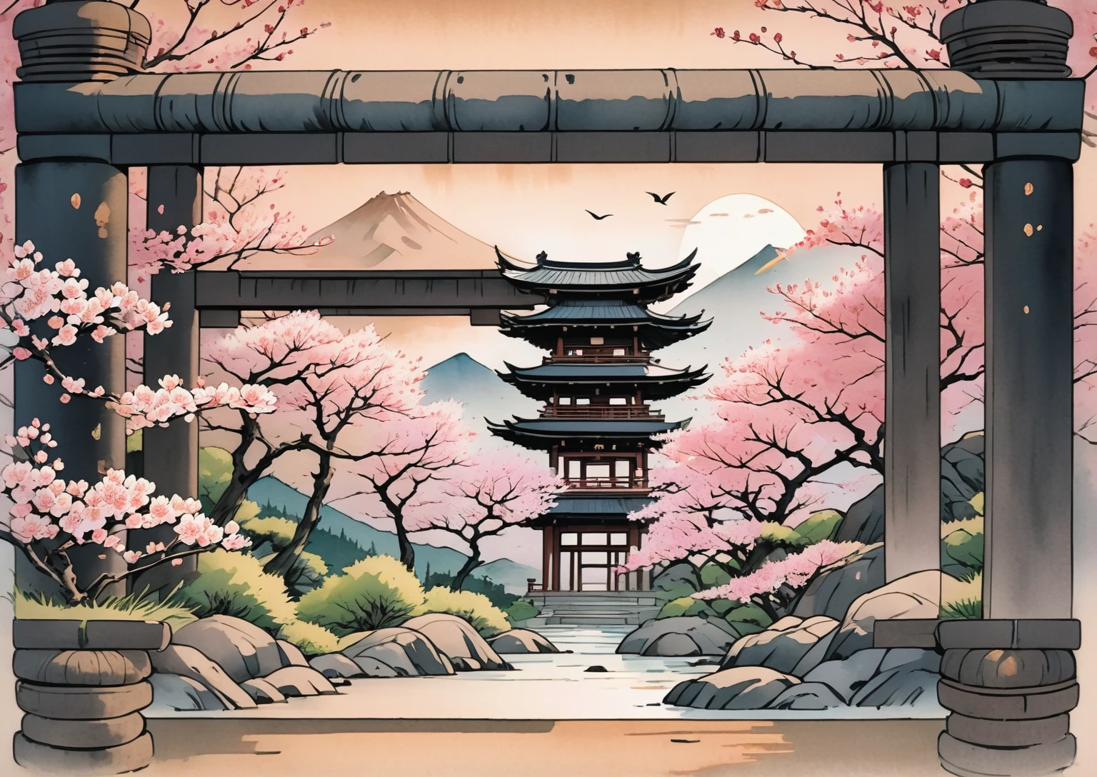 Japanese-style scroll with intricate cherry blossom patterns, delicate petals floating in the wind, traditional Japanese calligraphy in black ink, serene background with a pagoda and mountains, warm and calm ambiance, Illustration, ink and watercolor technique