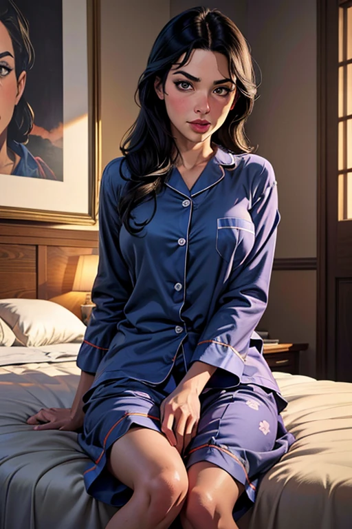 best qualityer, work of art, ultra high resolution, 8k, CRU, (photo realist:1.4), Physically based rendering, Depth of field, looking at the viewers, 苗条, (sitting down:1.1), in the bedroom, detailed gorgeous face, 1 girl, cute, Youngh, Blushing Nose, grandes olhos negros, gaping mouth, breasts small, Bblack hair, detailed clothing, (pijamas:1.3), without shoes ,pureerosface_v1,