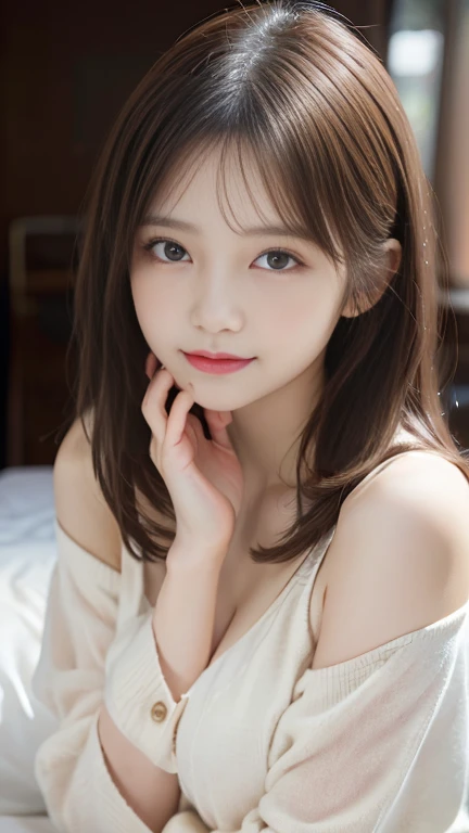 Tabletop, Highest quality, figure, Super detailed, In detail, High resolution, 8k wallpaper, Perfect dynamic composition, Beautiful attention to detail,Off-the-shoulder clothing,,Medium Hair, D cup breasts、slender, Natural color lip, Bold sexy pose,smile,Harajuku、20-year-old girl、Kind older sister、((Big sister feeling:1.2)), cute、sexy shot looking at camera,On the bed、nsfw
