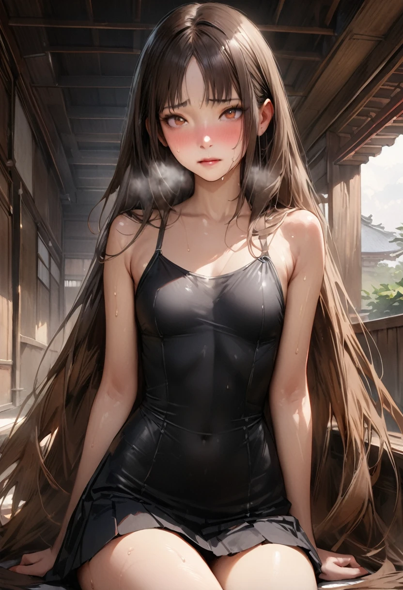 ((masterpiece,Highest quality:1.3,Highest qualityのイラスト,Realistic:1.3)),Cowboy Shot,solo,1 Female,(Age 25、The Beauty of Japan)、Brown Hair,Long Hair,Center parted bangs,Brown eyes,Gorgeous eyes,((very small head:1.3)),shy,Heavy breathing,((Very long body:1.2,skinny)),Medium chest,(Sunburn:1.5), (Glowing Skin,Toned body,Slender body),Sweat,(Black sleeveless dress、black pleated mini skirt)、Luxury venue、sit,Duck sitting