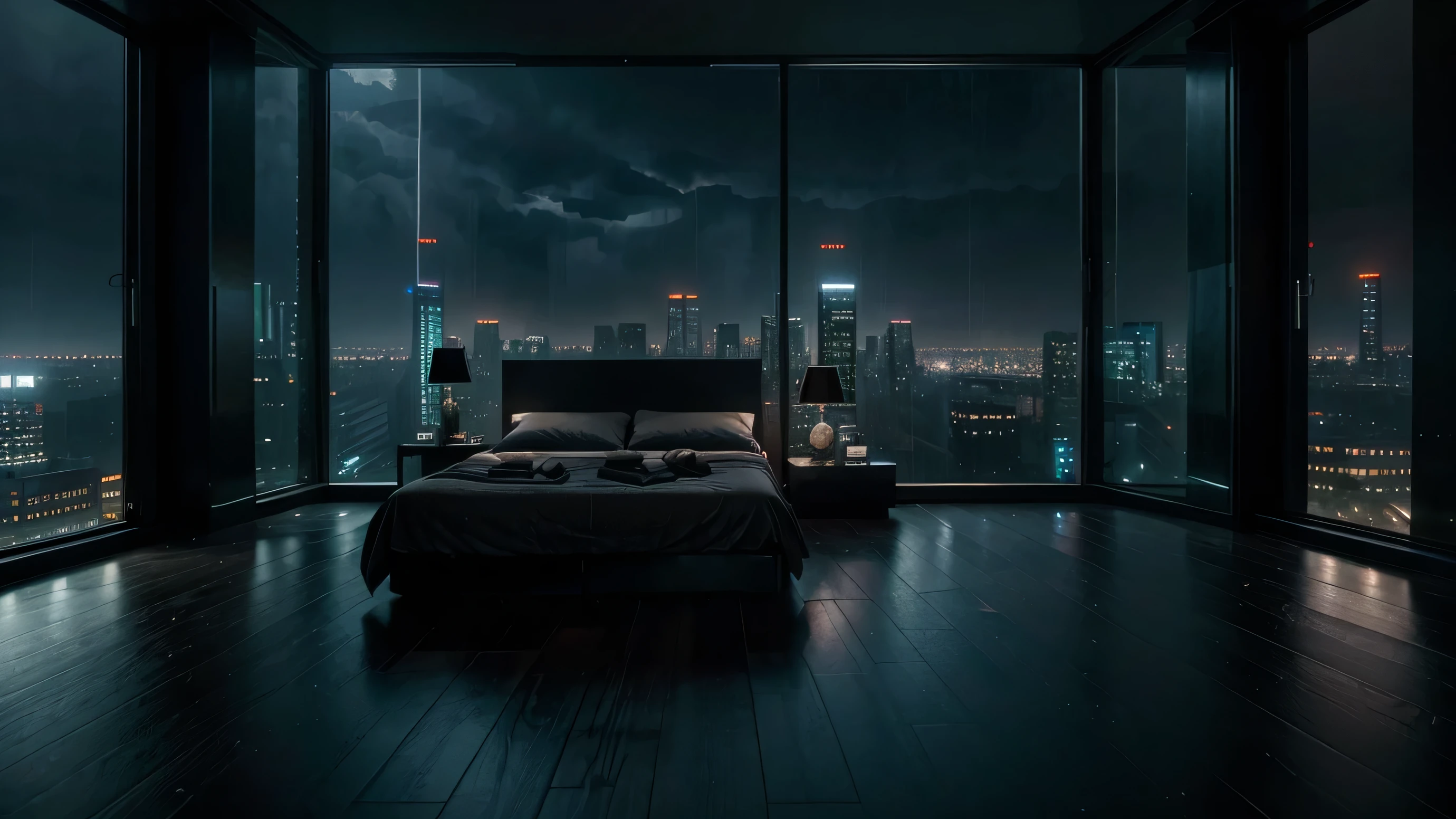 beautiful cozy bedroom with floor to ceiling glass windows overlooking a cyberpunk city at night, thunderstorm outside with torrential rain, detailed, high resolution, photorrealistic, dark, gloomy, moody aesthetic