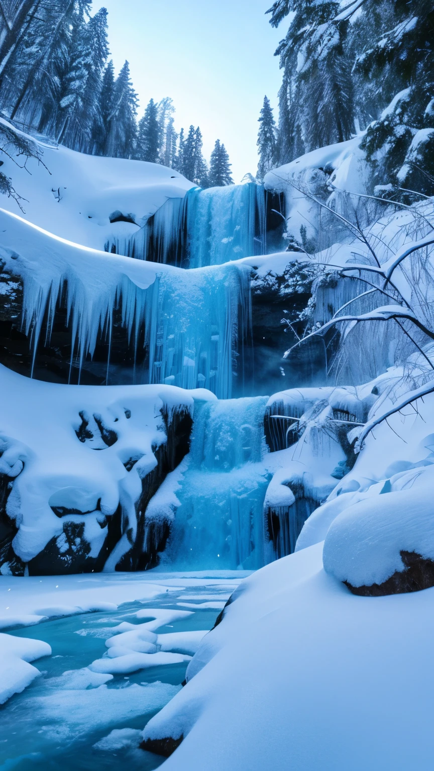 Snow mountain with a frozen waterfall from below , close up, abundent flow of water 