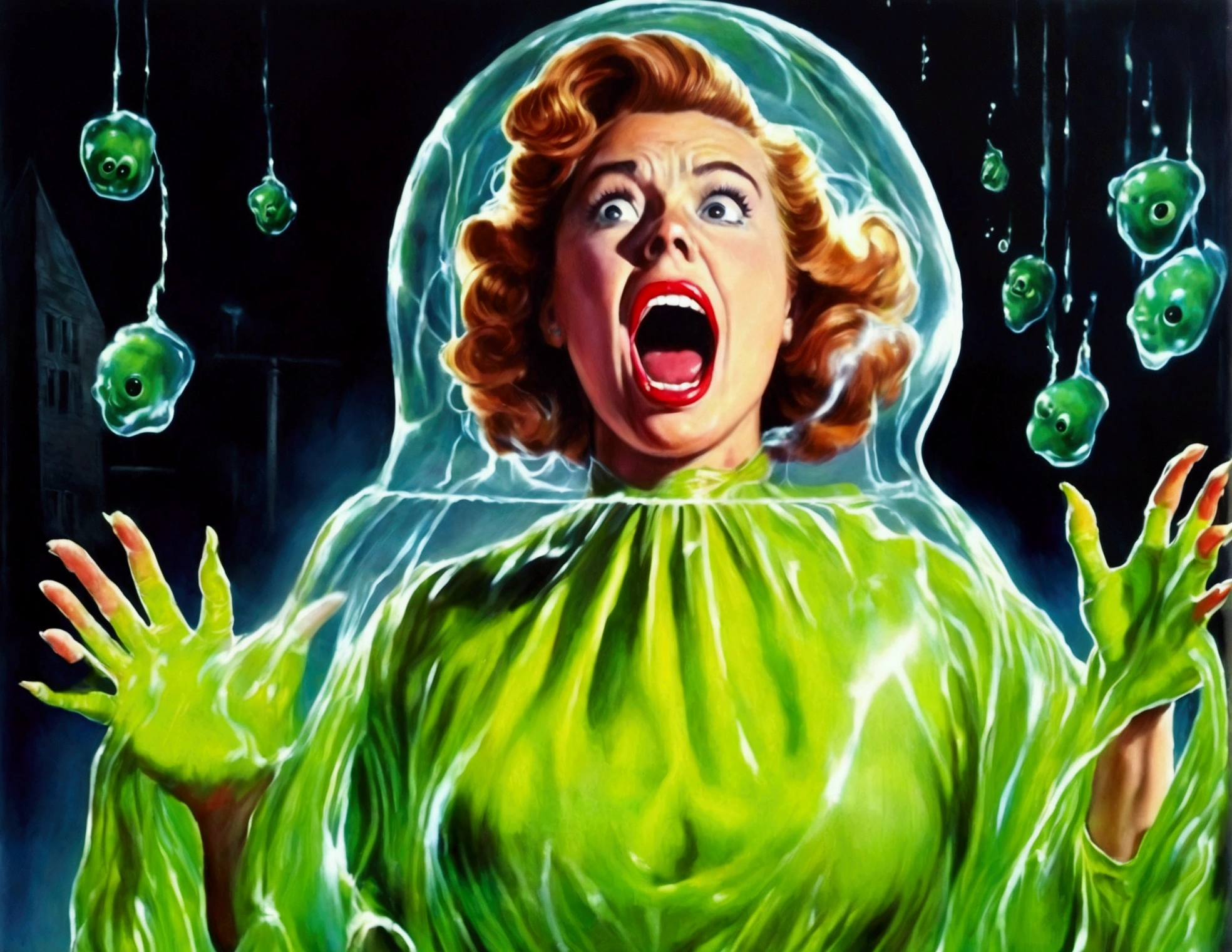 A cute woman, 50s clothing, has been caught by horror movie monster the Blob, she is encased in translucent slime that is dissolving her, mouth open to scream, body half dissolved