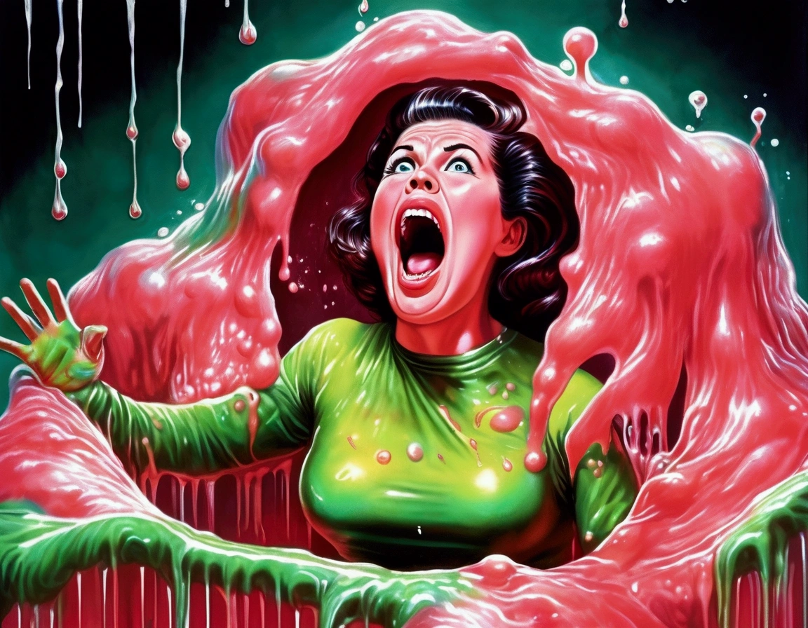 A cute woman, 50s clothing, has been caught by horror movie monster the Blob, she is encased in translucent slime that is dissolving her, mouth open to scream, body half dissolved
