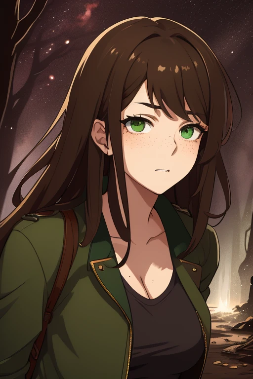 -High quality- -masterpiece- -Anime style- A beautiful woman, disheveled dark brown hair, green eyes, visible freckles on her cheeks and nose, a scar on her face, wearing a torn leather jacket, a dirty white t-shirt , torn pants, blood on the face, walking through a dark forest, at night, illuminated by a torch
