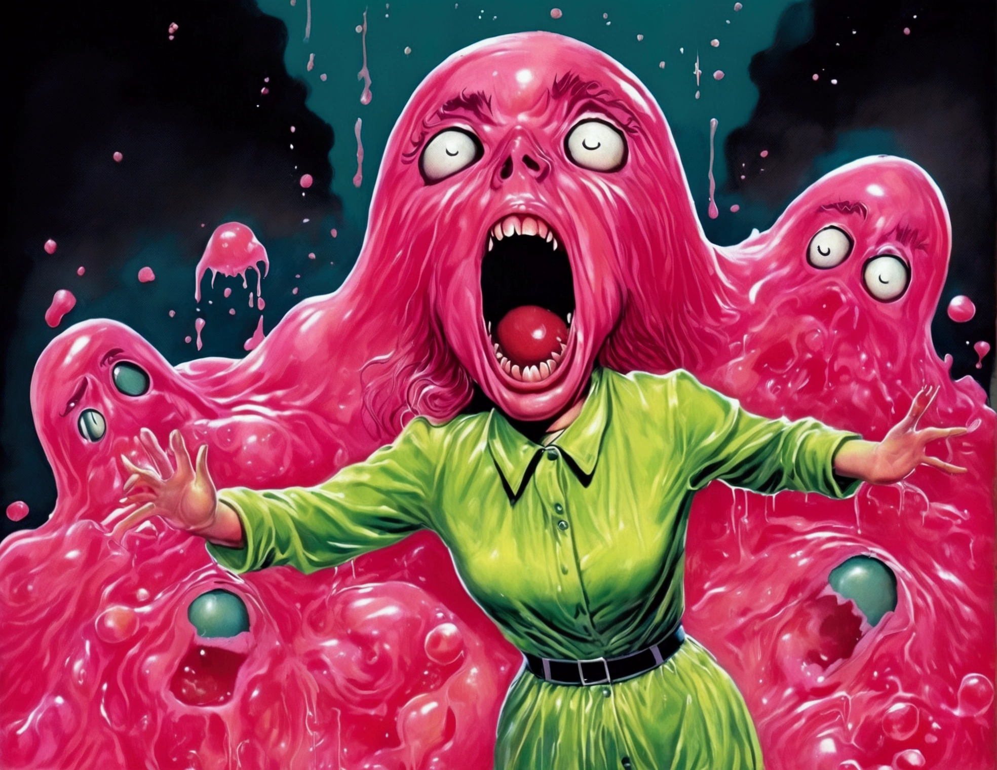 A cute woman, 50s clothing, has been caught by horror movie monster the Blob, she is encased in translucent slime that is dissolving her, mouth open to scream, body half dissolved
