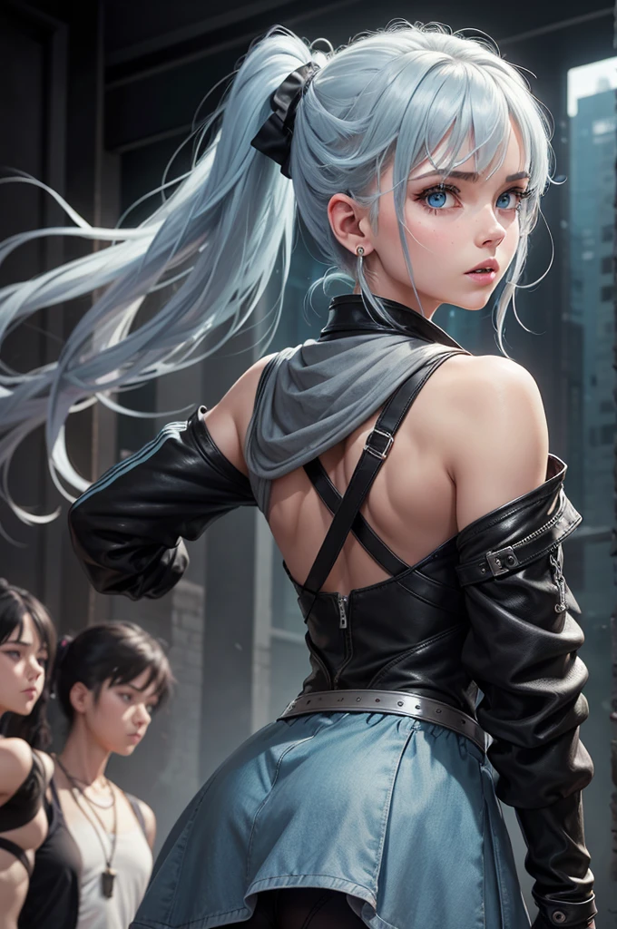 1 Girl, Aqua eyes, Back, Bangs, Bare shoulders, black Gloves, blue eyes, Weaving, Necklace, earrings, fingerless Gloves, From the back, Gloves, Gray hair, Keep, jacket, Jewelry, Long hair, Looking at the audience, looking Back, Nail polish, Off-shoulder, Open your mouth, punching, Ponytail, red jacket, Solitary, Upper Body,He didn&#39;t,[[Practical]],(Glowing skin),(masterpiece:1.4),(best quality:1.4)