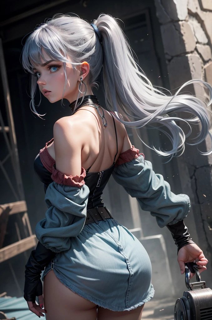 1 Girl, Aqua eyes, Back, Bangs, Bare shoulders, black Gloves, blue eyes, Weaving, Necklace, earrings, fingerless Gloves, From the back, Gloves, Gray hair, Keep, jacket, Jewelry, Long hair, Looking at the audience, looking Back, Nail polish, Off-shoulder, Open your mouth, punching, Ponytail, red jacket, Solitary, Upper Body,He didn&#39;t,[[Practical]],(Glowing skin),(masterpiece:1.4),(best quality:1.4)