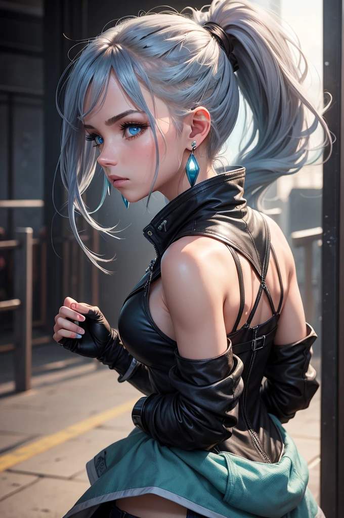 1 Girl, Aqua eyes, Back, Bangs, Bare shoulders, black Gloves, blue eyes, Weaving, Necklace, earrings, fingerless Gloves, From the back, Gloves, Gray hair, Keep, jacket, Jewelry, Long hair, Looking at the audience, looking Back, Nail polish, Off-shoulder, Open your mouth, punching, Ponytail, red jacket, Solitary, Upper Body,He didn&#39;t,[[Practical]],(Glowing skin),(masterpiece:1.4),(best quality:1.4)