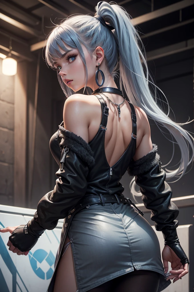 1 Girl, Aqua eyes, Back, Bangs, Bare shoulders, black Gloves, blue eyes, Weaving, Necklace, earrings, fingerless Gloves, From the back, Gloves, Gray hair, Keep, jacket, Jewelry, Long hair, Looking at the audience, looking Back, Nail polish, Off-shoulder, Open your mouth, punching, Ponytail, red jacket, Solitary, Upper Body,He didn&#39;t,[[Practical]],(Glowing skin),(masterpiece:1.4),(best quality:1.4)