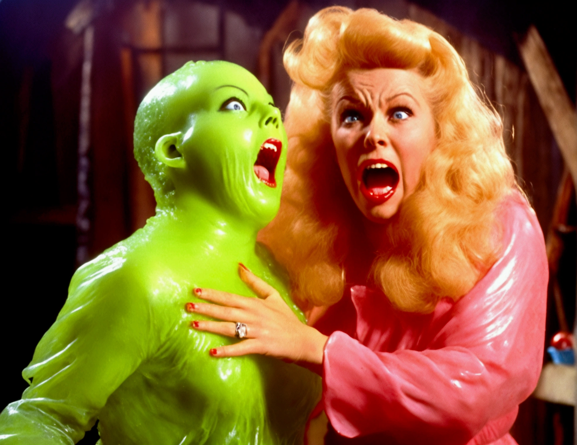 A cute woman, 50s clothing, has been caught by horror movie monster the Blob, she is encased in translucent slime that is dissolving her, mouth open to scream, body half dissolved