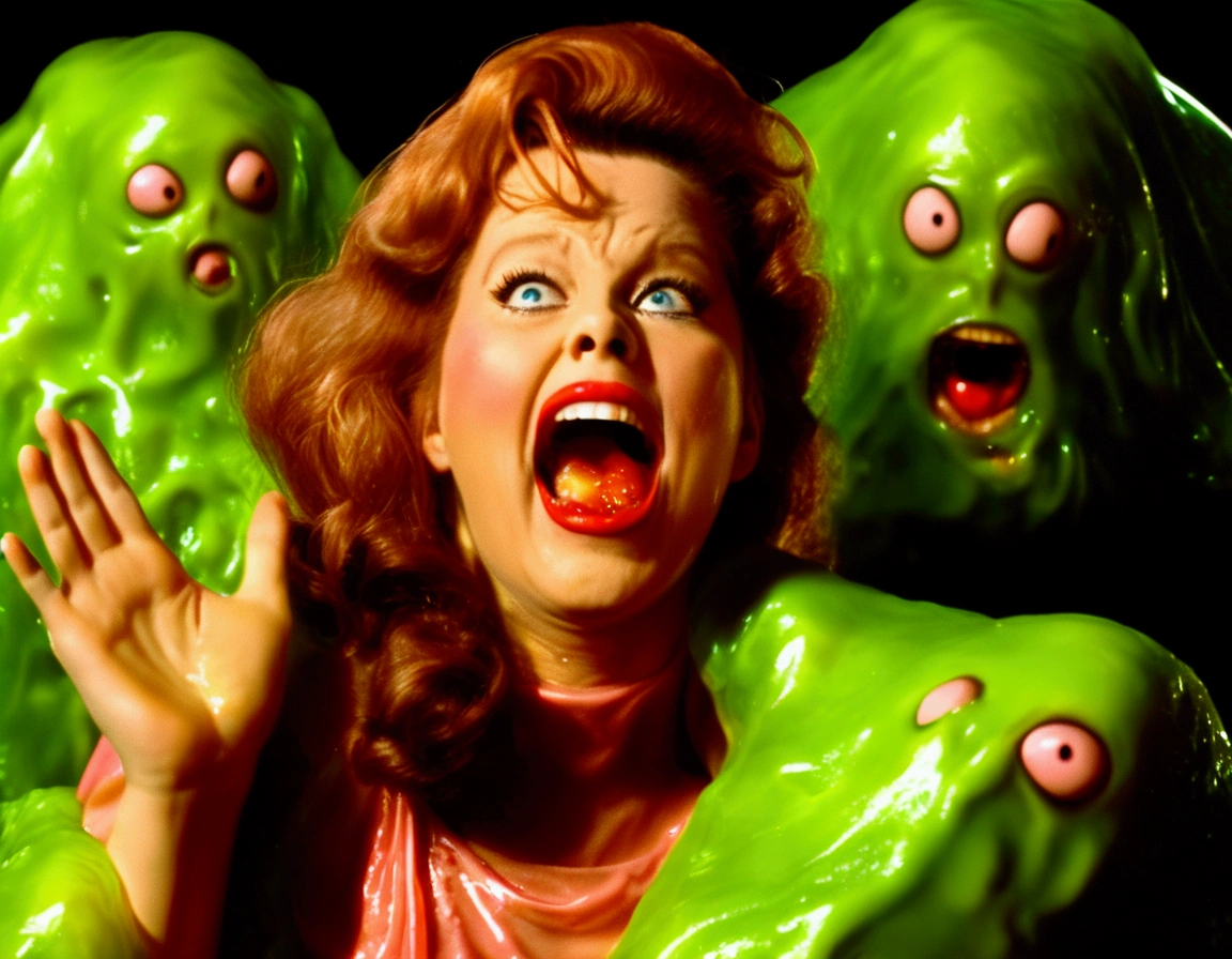 A cute woman, 50s clothing, has been caught by horror movie monster the Blob, she is encased in translucent slime that is dissolving her, mouth open to scream, body half dissolved
