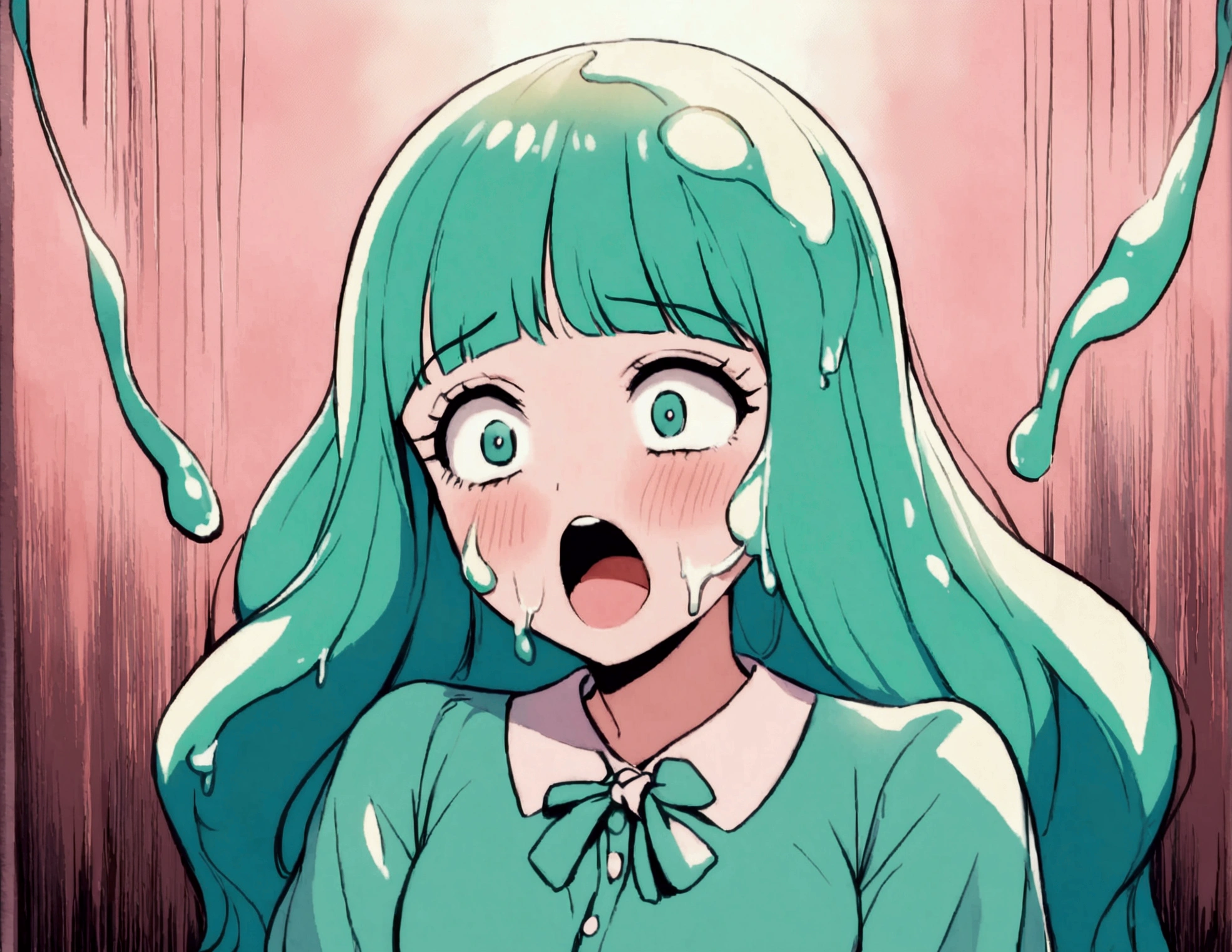 A cute woman, 50s clothing, has been caught by horror movie monster the Blob, she is encased in translucent slime that is dissolving her, mouth open to scream, body half dissolved
