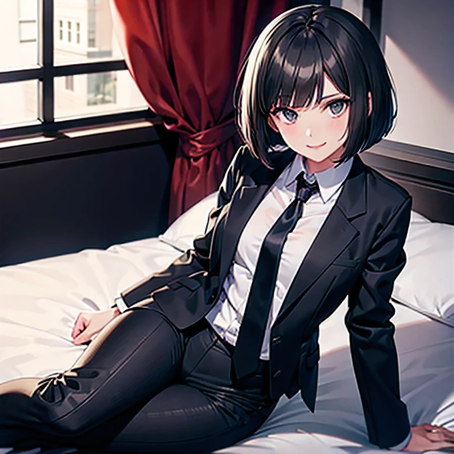 Woman with bob cut hair smile Wearing a tie wearing a black pantsuit Sitting on the bed