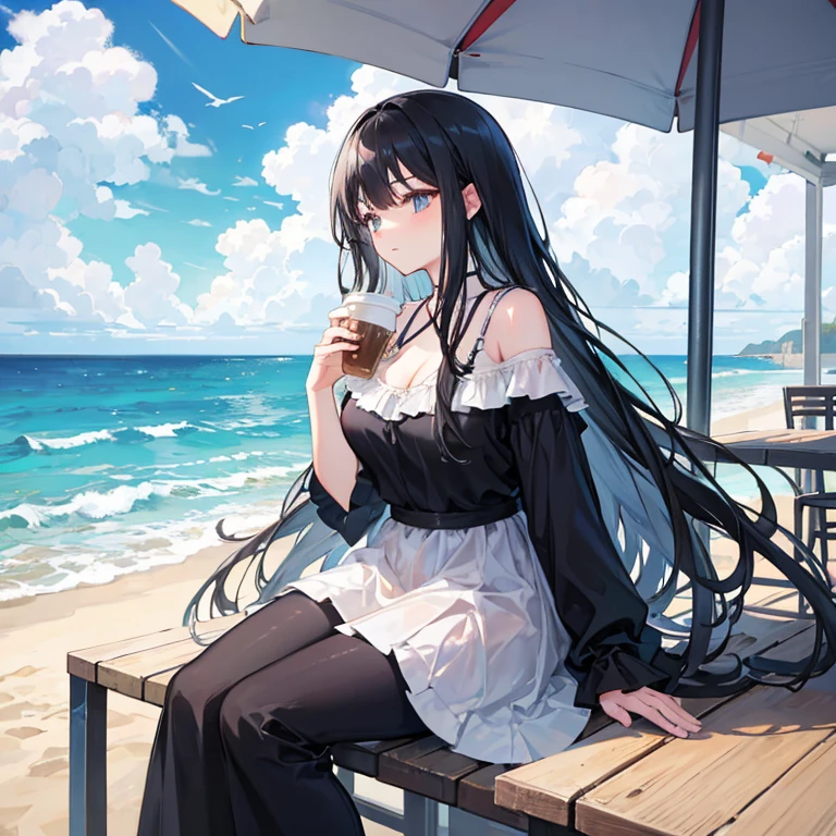 
A long-haired woman with black hair sits at a seaside café, sipping her coffee while gazing thoughtfully at the ocean waves