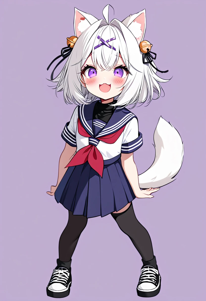 master piece, best quality, ultra-detailed, illustration, 1girl, solo, chibi, (big head), cute pose, flying pose, front view, looking at viewer. Filiansailor, ((purple hairclip)), hair bell, white hair, short hair, cat ears, ahoge, purple eyes, blush, laughing, fluffy tail, serafuku, black turtleneck, short sleeve, red neckerchief, blue skirt, black stockings, sneaker shoes, ((simple background)),
