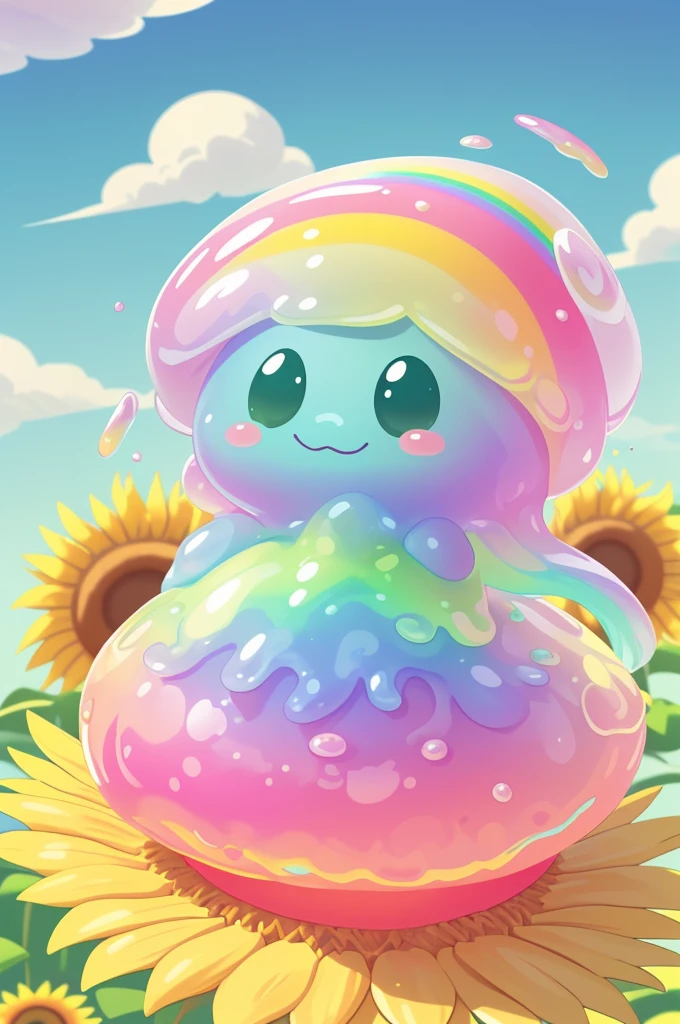 Cute cartoon style claymation of an adorable pastel rainbow colored jelly slime character waving, sitting on a giant sunflower, vibrant colors, smooth textures, dynamic pose, perfect illustration