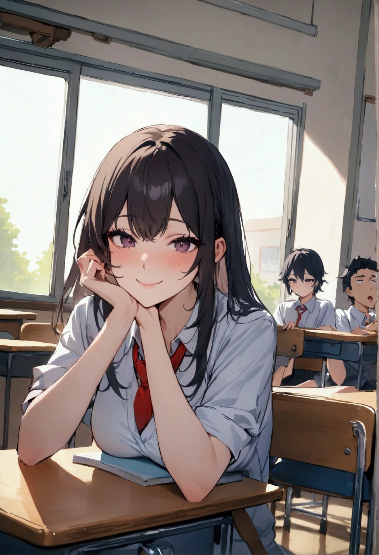 masterpiece,Highest quality,Super quality,School classroom,Break time,Dark hair color,She's making fun of the boys in her underwear.,smile,Bad personality