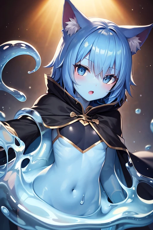 Blue Hair,Blue Skin,Black Cape,Cat ear,Liquid on the character,Slime