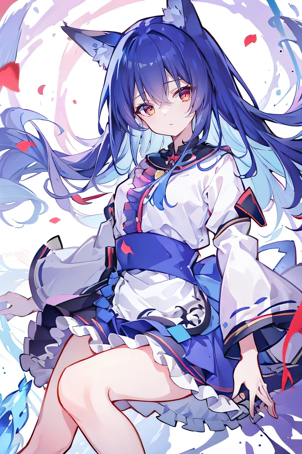 （masterpiece：1.2），Super detailed，lifelike，Expressive eyes，fair skin，perfect face shape，1 girl，
Japanese comics,Gorgeous blue hair,flowing blue hair,flowing clothes,Cat ears,Petals fall,beautiful lola,Baby Angel,
Shaking head with one hand，Cross your legs，，The pavilion is cool and comfortable,smile,back views,sunrise,Petals fall,Long sleeve，skirt，Red Eye，solo，Japanese clothes，Sky，Fox ears，Fox Tail，Fox Girl，