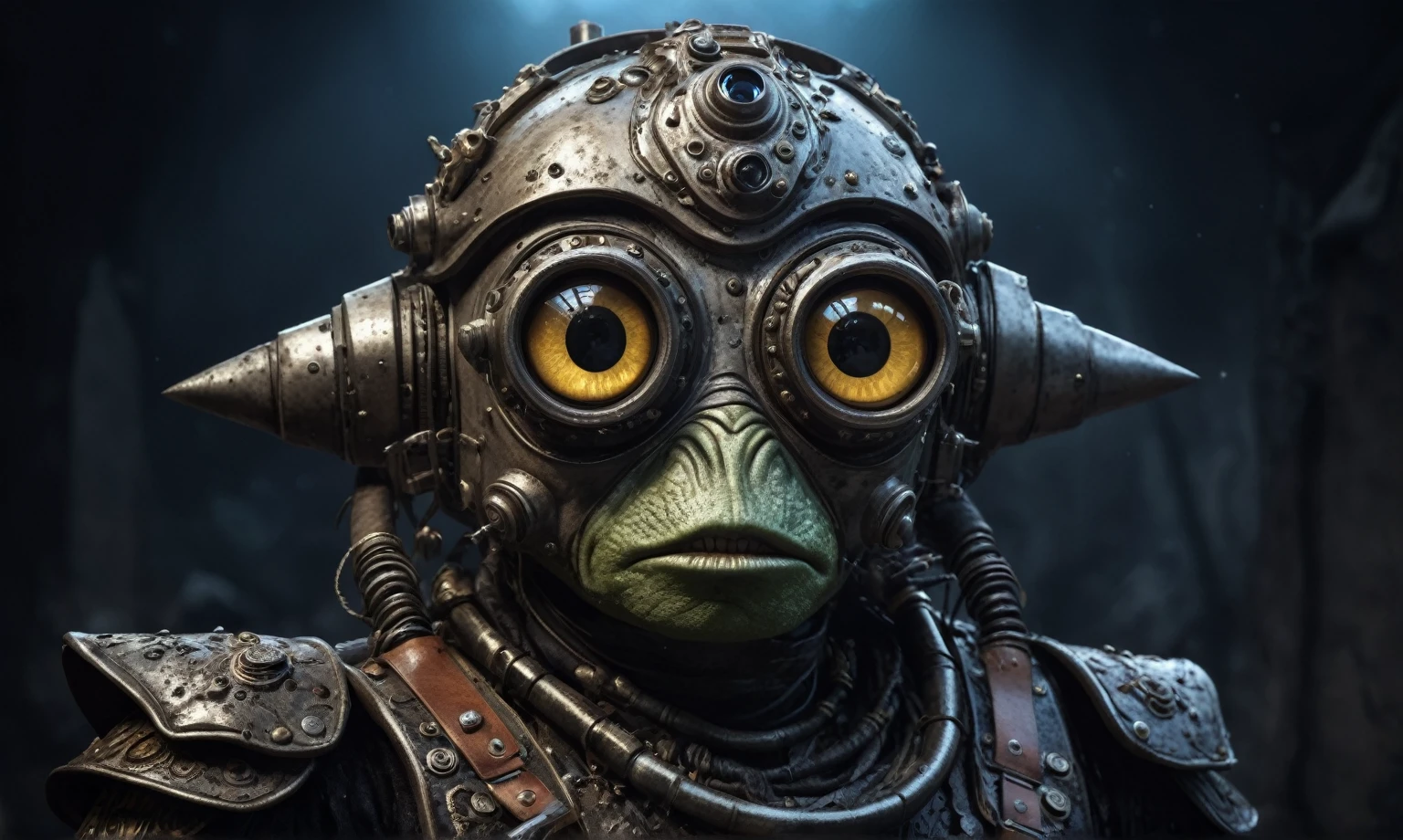 fish eyes, A Modern flat toon Crazy whit a Big ONE a Only Eye Robot USSR , and helmet Style, tongs in hands, tan head, pinhead, camouflage Rusty, Ambient in a meteorite ,full body length shot,nerd graphite  Alien Entity,native africa slave ,azctec Finnish Lapland,Cinematic,soft colors, Technicolor,natural skin textures, hyper realism, hyper detailed,Extremely detailed,High contrast,Masterpiece,Realistic,Ultra Detailed, intricate details,realistic humid leather,extremely intricate details,Epic Realistic, cinematic style, irina yermolova,high contrast,hdr,extremely detailed, [deep night landscape],masterpiece, intricate details, eyes extremely detailed, high detailed eyes,8k resolution,retina, Nikon Z9,Korea,orc,Egypt, Pisces, transition between two art styles,full body length, Double contact, X-ray, Creative, vivid light, fantasy, Abstract, Surrealism, super detailed, high resolution,insanity national folk wear,skin  almost translucent, gothic elements,Mestichino,Light particles,chaos,starfish's leather,"(The best lighting, dark, dramatic), terror.)