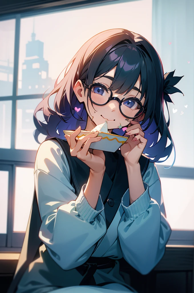 1 girl, sitting down with glasses and eating, eating cake, has bit of cake on her face, background inside a house sitting behind a window that shows tokyo, She is facing towards you, looking towards you, with a big smile, has heart shape with her hands,