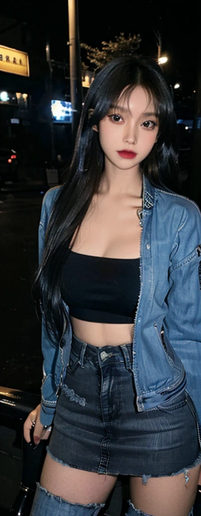City at night，A woman with a perfect figure wearing a blue denim bomber jacket，Black tube top，Blue denim miniskirt，Black high heels，Close-up shot of posing，Full body close-up，Highly detailed face and skin textures，Detailed eyes，Double eyelids，Full body close-up