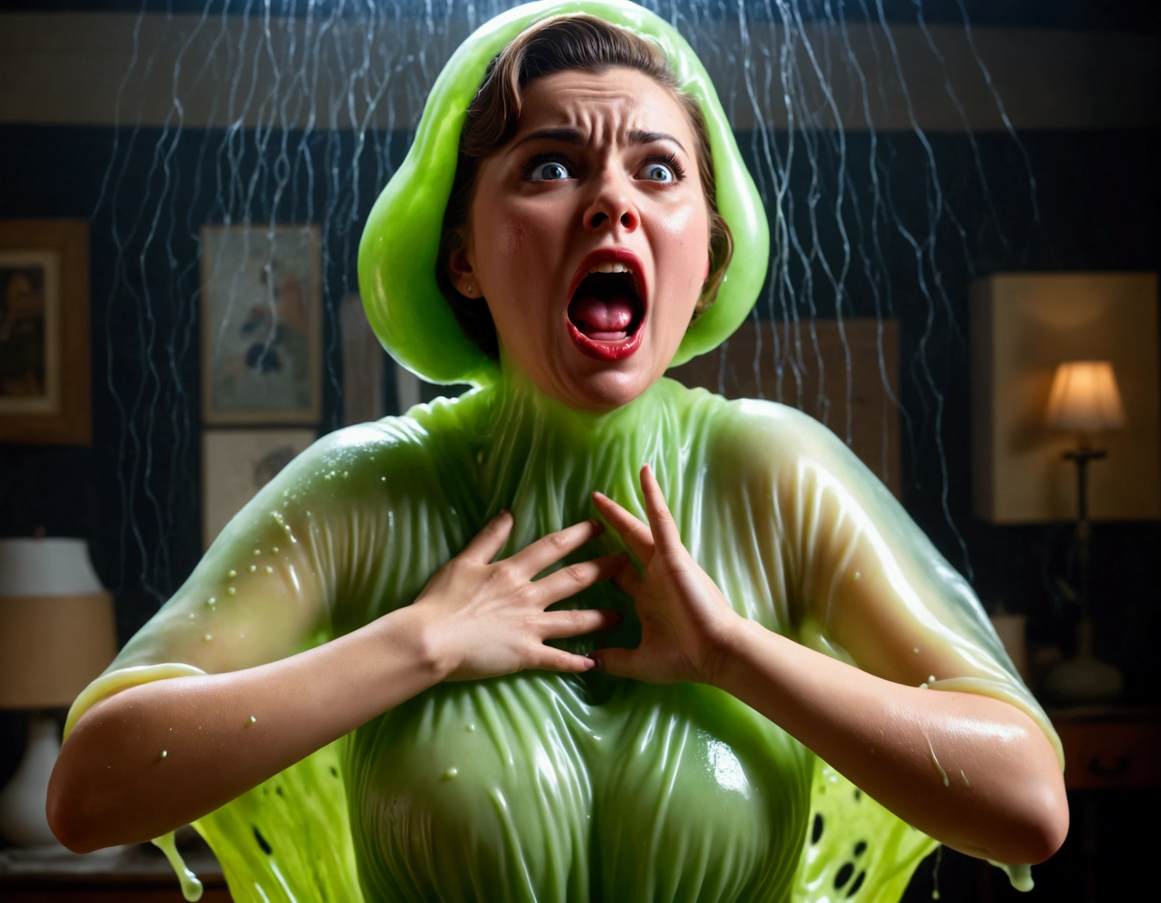 A cute woman, 50s clothing, has been caught by horror movie monster the Blob, she is encased in translucent slime that is dissolving her, mouth open to scream, body half dissolved