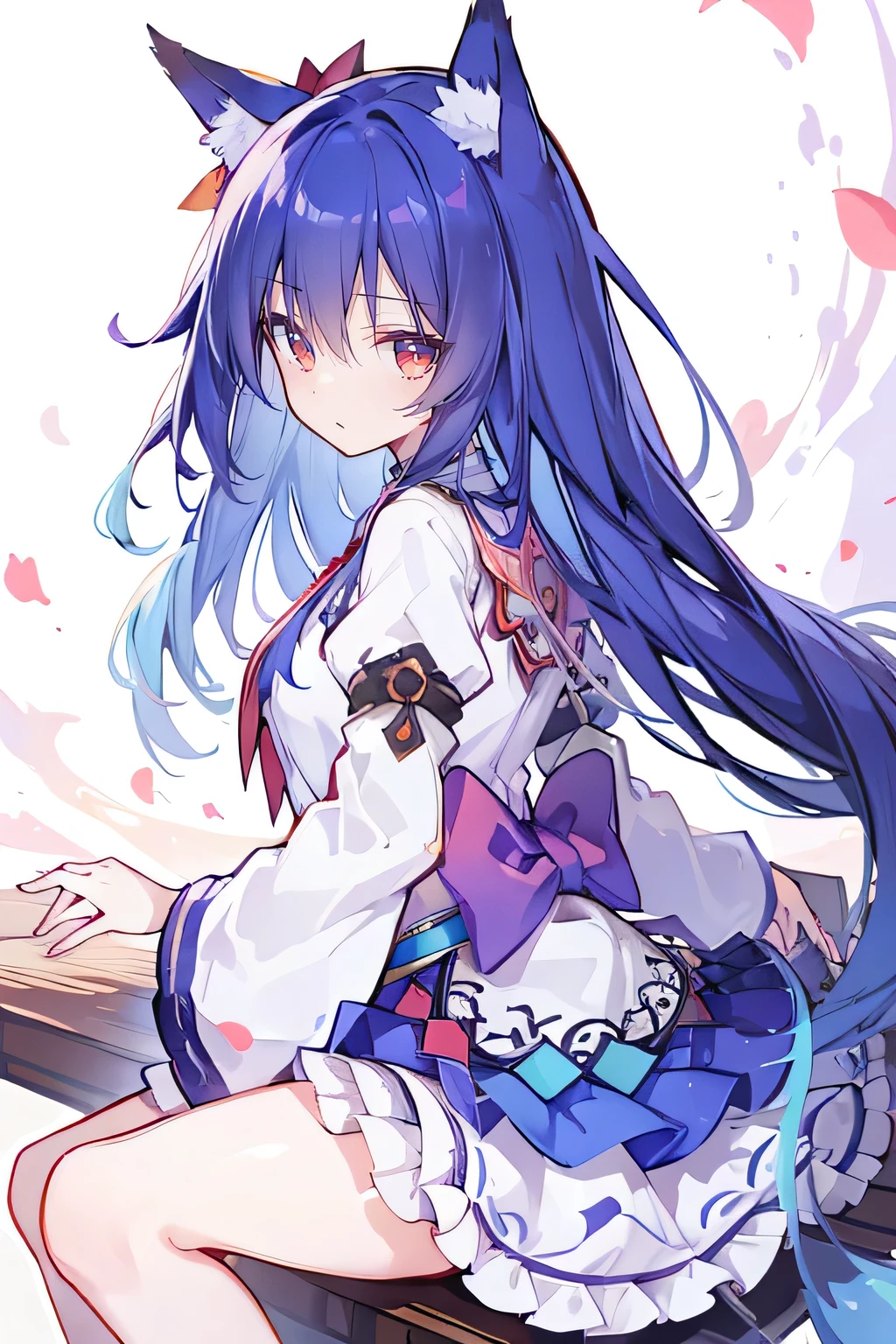 （masterpiece：1.2），Super detailed，lifelike，Expressive eyes，fair skin，perfect face shape，1 girl，
Japanese comics,Gorgeous blue hair,flowing blue hair,flowing clothes,Cat ears,Petals fall,beautiful lola,Baby Angel,
Shaking head with one hand，Cross your legs，，The pavilion is cool and comfortable,smile,back views,sunrise,Petals fall,Long sleeve，skirt，Red Eye，solo，Japanese clothes，Sky，Fox ears，Fox Tail，Fox Girl，